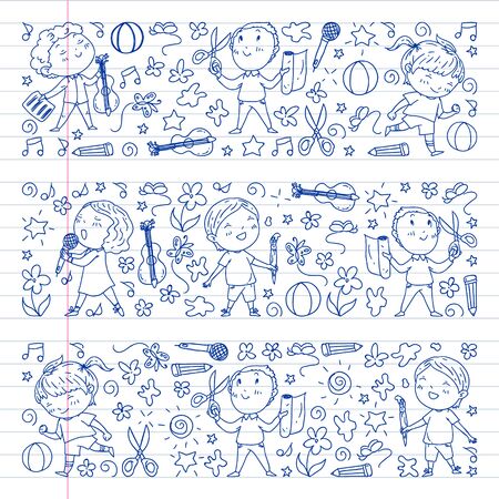 creative kids dancing, sing, playing football, playing guitar, violin, making models from paper. Monochrome pen drawing onwhite backgroundのイラスト素材