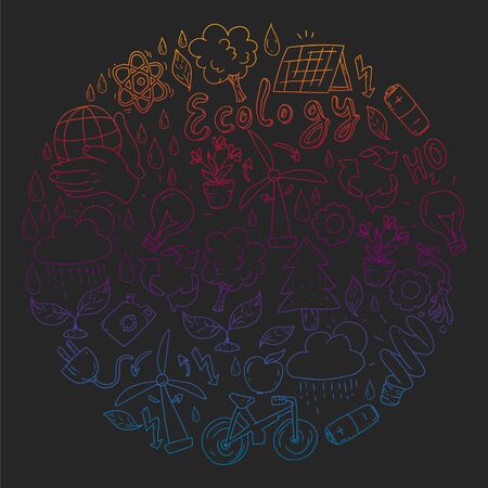 Vector logo, design and badge in trendy drawing style - zero waste concept, recycle and reuse, reduce - ecological lifestyle and sustainable developments icons, colorful gradient on black backgroundのイラスト素材