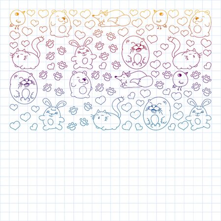 set of beautiful round icons in the form of wild animals for children and design, print, cat ,bear, fox, bird ,hare or rabbit. Round animals with caption on white background. Drawing on exercise notebook in gradient styleのイラスト素材