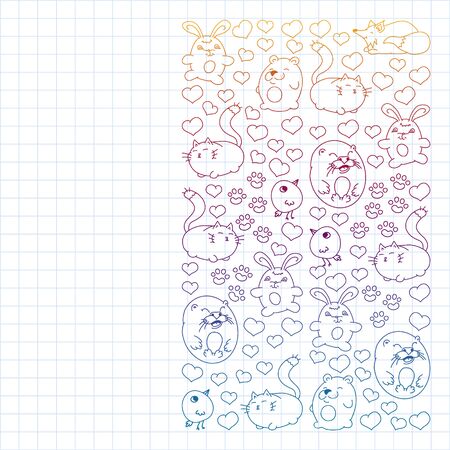 set of beautiful round icons in the form of wild animals for children and design, print, cat ,bear, fox, bird ,hare or rabbit. Round animals with caption on white background. Drawing on exercise notebook in gradient styleのイラスト素材
