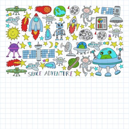 set of space elements icons in doodle style. Painted, colorful, pictures on a piece of paper on white background. Drawing on squared notebookのイラスト素材