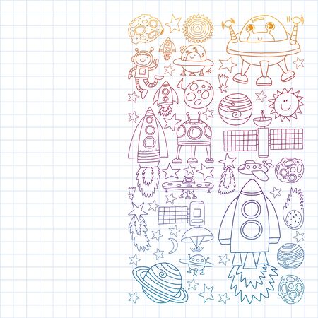 set of space elements icons in doodle style. Painted, colorful, pictures on a piece of paper on white background. Drawing on exercise notebook in gradient styleのイラスト素材