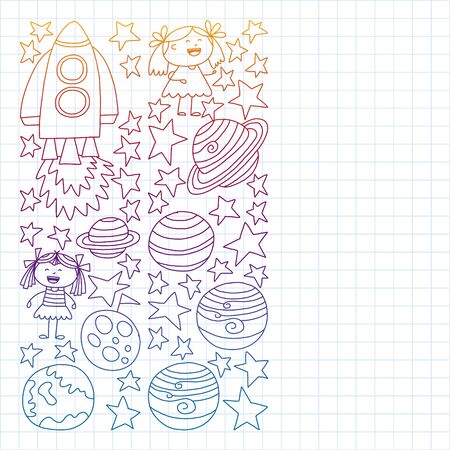 set of space elements icons in doodle style. Painted, colorful, pictures on a piece of paper on white background. Drawing on exercise notebook in gradient styleのイラスト素材