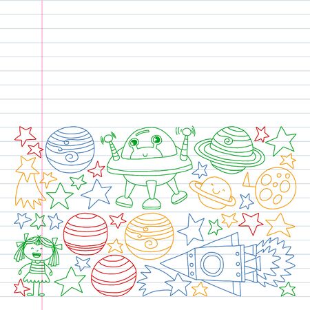 set of space elements icons in doodle style. Painted, colorful, pictures on a piece of paper on white background. Drawing on exercise notebook in colorful style.のイラスト素材