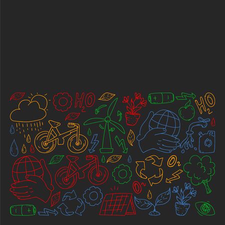 Vector design and badge in trendy drawing style - zero waste concept, recycle and reuse, reduce - ecological lifestyle and sustainable developments icons, colorful on black background.のイラスト素材