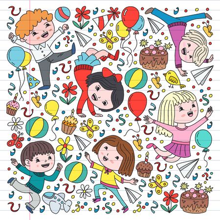 Vector illustration in cartoon style, active company of playful preschool kids jumping, at a party, birthdayのイラスト素材
