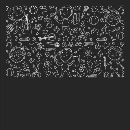 creative kids dancing, sing, playing football, playing guitar, violin, making models from paper. Monochrome chalk drawing on blackboardのイラスト素材