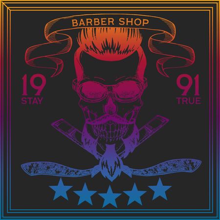 Vector illustration. Vintage, hipster skull barber shop logo in old, neon style.のイラスト素材