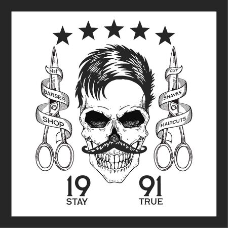 Vintage, hipster skull barbershop in old style, vector.のイラスト素材