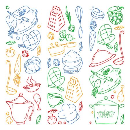 colored pattern drawn by crayons, gastronomy icons, vector cuisine and fast food cafe bright background for menu, receiptsのイラスト素材