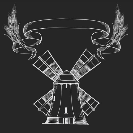 Windmill  - vector illustration. Bakery emblem design on white background, chalk drawing on blackboardのイラスト素材