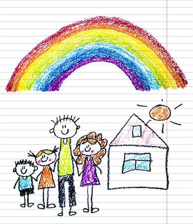 Happy family with little children. Mother and father with kids. Brother and sister with parents. My family with house and rainbow. Kids drawing style illustration isolated on white background.の写真素材