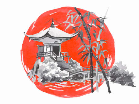 Japan traditional sumi-e painting. Temple. mountain, sakura, sunset. Japan sun. Indian ink illustration. Japanese picture.の写真素材