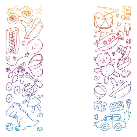 Vector pattern with kindergarten, toy children. Happy children illustration. Gradient drawing on a notebook in a Squared notebook.のイラスト素材