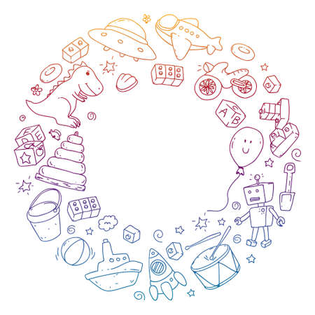 Vector pattern with kindergarten, toy children. Happy children illustration. Gradient drawing on a notebook in a Squared notebook.のイラスト素材