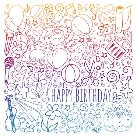 Vector set of cute creative illustration templates with birthday theme design. Hand Drawn for holiday, party invitations. Drawing on notebook in gradient style.のイラスト素材