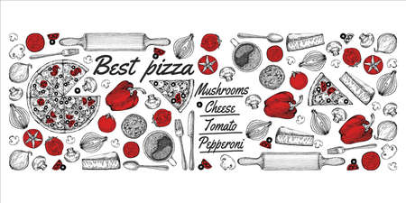 drawing, pizza, table, organic food ingredients. Hand drawn pizza illustration. Great for menu, poster or label.の写真素材