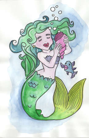 Cute little mermaid. Beautiful cartoon mermaid girl with pink hair, character design, isolated on white background. illustration.の写真素材