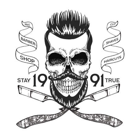 Vintage, hipster skull barbershop icon in old style, vector.のイラスト素材