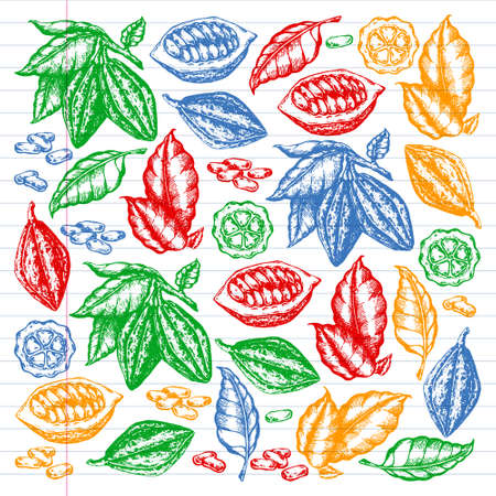 Colorful cocoa beans illustration on black background. Engraved style illustration. Chocolate cocoa beans. Vector pattern illustrationのイラスト素材
