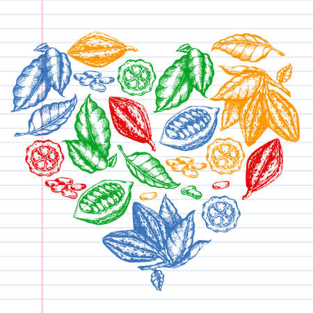 Colorful cocoa beans illustration on black background. Engraved style illustration. Chocolate cocoa beans. Vector pattern illustrationのイラスト素材