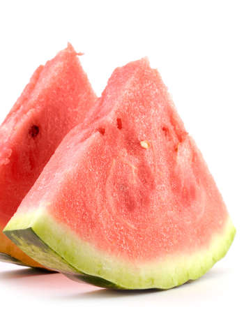 two watermelon slices isolated on whiteの写真素材