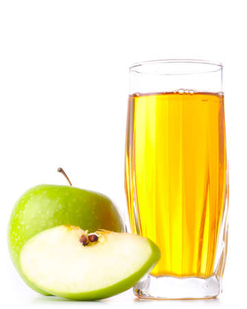 glass of apple juice and green apples isolated on white の写真素材