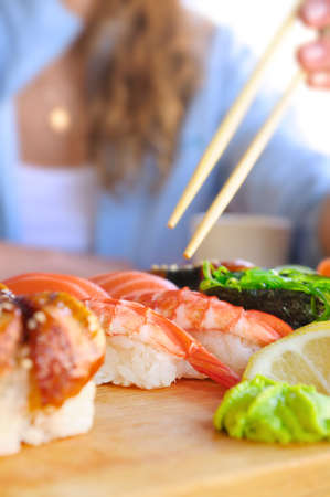 eating japanese foodの写真素材