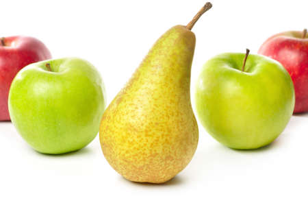 apples and pear isolated on whiteの写真素材