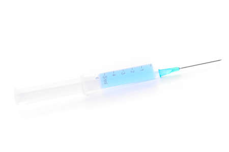 syringe with blue liquid isolated on whiteの写真素材