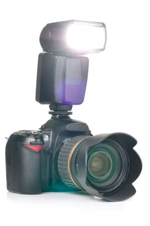 photo camera with an external flash installedの写真素材