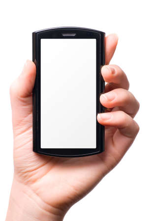 female hand is holding a modern touch screen phoneの写真素材