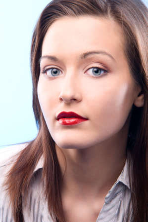 sexy secretary with deep red lips portraitの写真素材