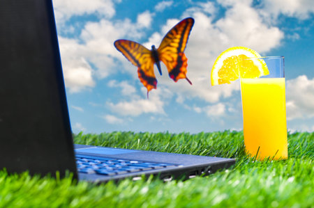 laptop outdoorsの写真素材