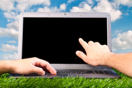 hands are working on laptopの写真素材