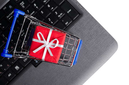 gift on a laptop keyboardの写真素材