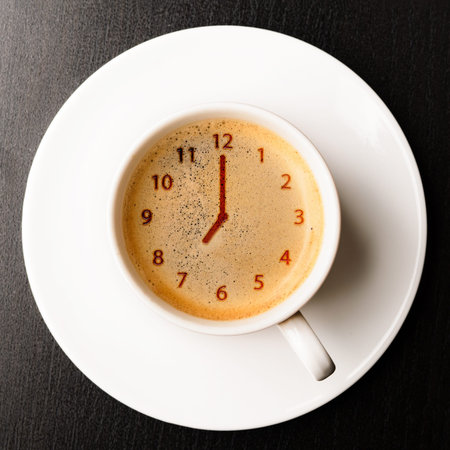 clock  cup of fresh espresso with clock sign, view from aboveの写真素材