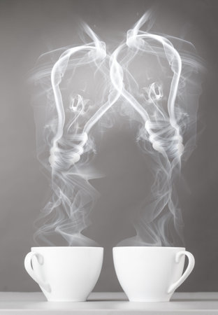 creating idea  bulbs silhouette from steaming hot coffee cupの写真素材