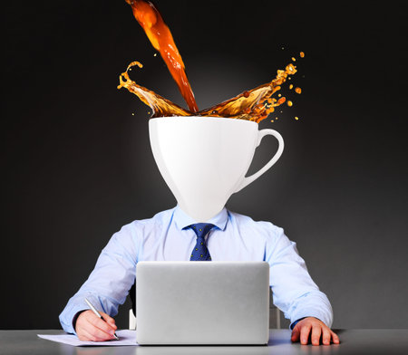 getting energy with coffee  businessman with cup instead of his head