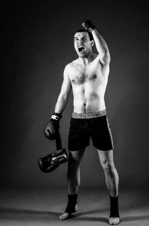 mma fighter with hands up on gray backgroundの写真素材