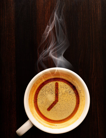clock  cup of fresh espresso with clock sign, view from above