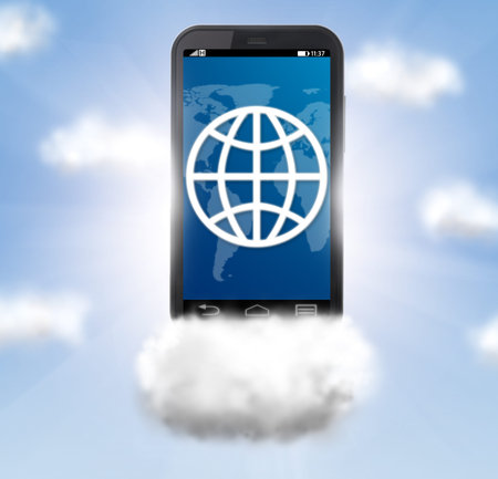 cloud technologies, planet symbol on modern smartphone in skies