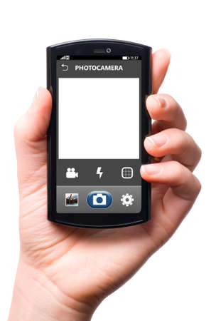 mobile camera interface on touch screen phone, cut out from white の写真素材
