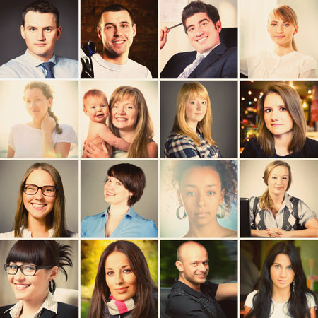 set of different people portraits, warm colors toned