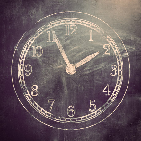 learning time. clock drawn on grungy chalk board