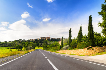 view of Pienza and Tuscany landscape, Toscana, Italyの写真素材
