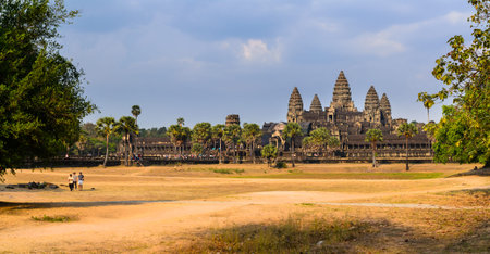 Angkor Wat, part of Khmer temple complex, popular among tourists ancient landmark and place of worship in Southeast Asia. Siem Reap, Cambodia.の写真素材