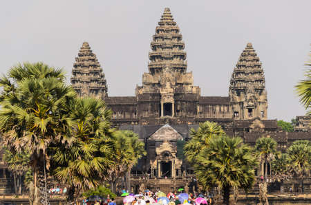 Angkor Wat, part of Khmer temple complex, popular among tourists ancient landmark and place of worship in Southeast Asia. Siem Reap, Cambodia.の写真素材