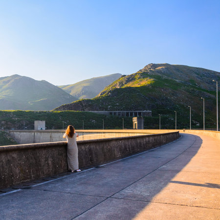 scenic view of dam on Homem river and Peneda-Geres National Park in northern Portugal.の写真素材