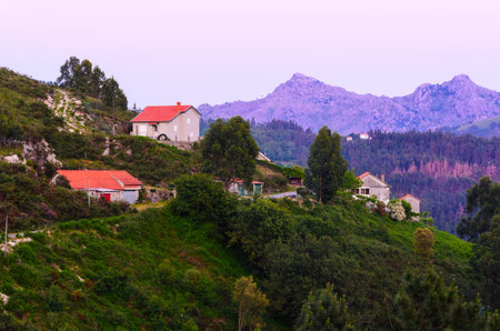 scenic view of sunset mountains at Peneda-Geres National Park in northern Portugal.